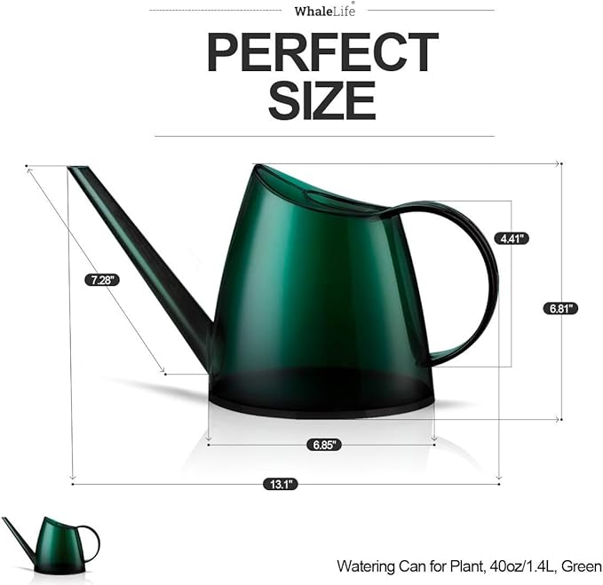WhaleLife Small Indoor Watering Can for House Plants - Stylish Green Plastic Watering Pitcher with Long Spout for Potted Plants, Succulents, and Desk Gardens 1.4L