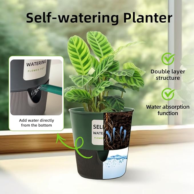 Flower and Plant Pot, Self Watering Plastic Plants Planter with Drainage Holes and Saucers, Modern Outdoor Indoor Decorative Flower Pot for Plants, Flowers, Herbs, Succulents (Green, 7.5 inch)
