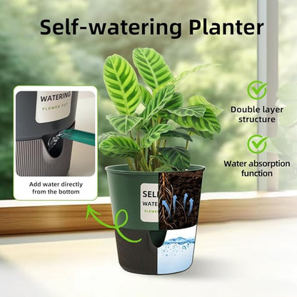5/6.5/7.5 Inch Self Watering Pots for Indoor/Outdoor ,4 Pack plastic Planters for Indoor Plants with Drainage Holes and Saucers, Modern Decorative Flower Pot for Plants (Green, 6.5-Inch, 4-Pack)