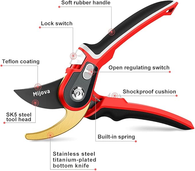 Garden Pruners, Heavy Duty Garden Clippers, Pruning Shears with Adjustable Thumb Lock, Hand Gardening Tools Pruners, High Carbon Steel Sharp Gardening Scissors (red)