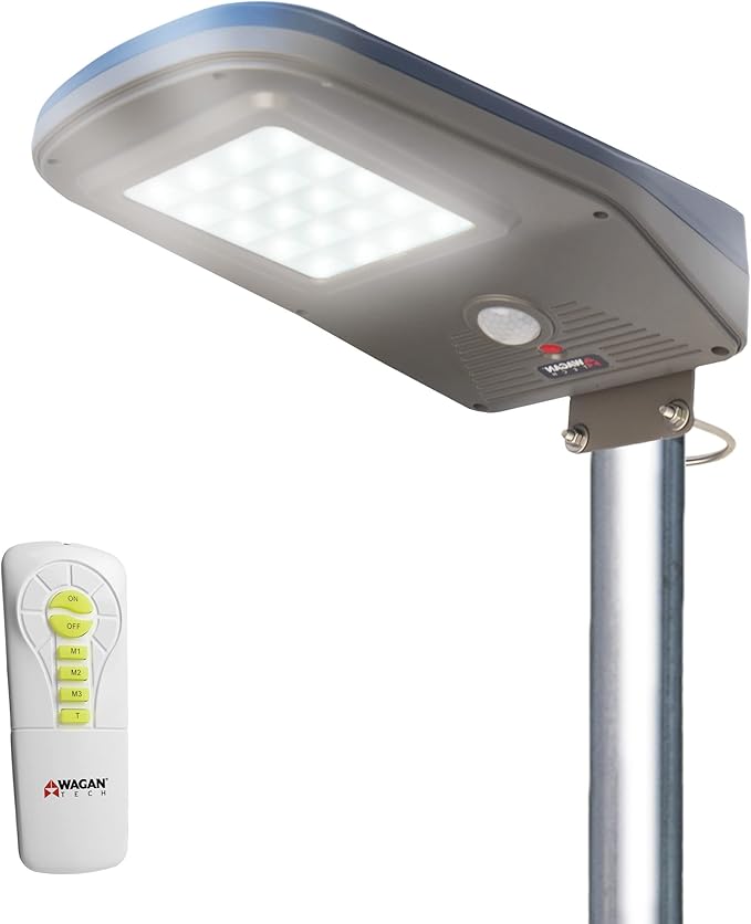 Wagan EL8590 2000 Lumens Integrated LED Solar Street Light with Remote Control Security Flood Light Motion Sensor Waterproof Weatherproof Dusk to Dawn Solar Lamp for Outdoor Garden Path Parking Lot