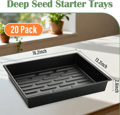 20 Pack Nursery Pots Trays (16.5"x13.2"x2.8"), Plastic Seed Starter Trays, Durable Carrying Seedling Starter Tray, Reusable Tray for Planting and Collecting Drainage Water (Black)