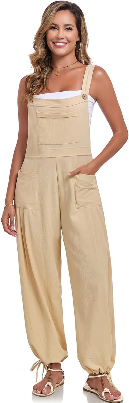ALSOGO Womens Wide Leg Overalls Loose Beach Vacation Outfits Jumpsuits 2025 Causal Sleeveless Rompers with Pockets