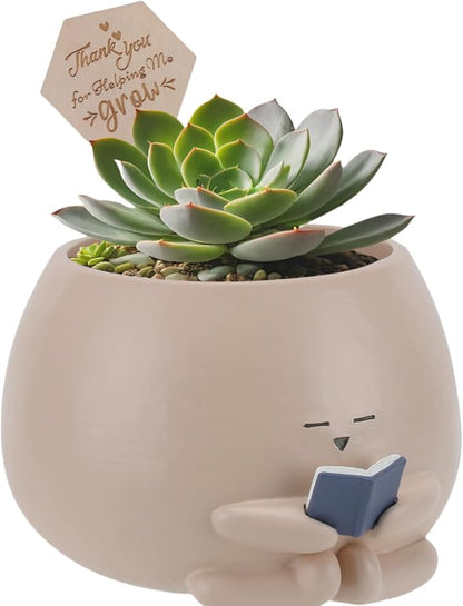 Bookworm Planter Pot - Cute Plant Pots for Succulents with Thank You Sign & Card, Resin Reading Planter for Indoor Outdoor Decor, Succulent Gifts for Book Lovers, Teacher Mom Dad Appreciation