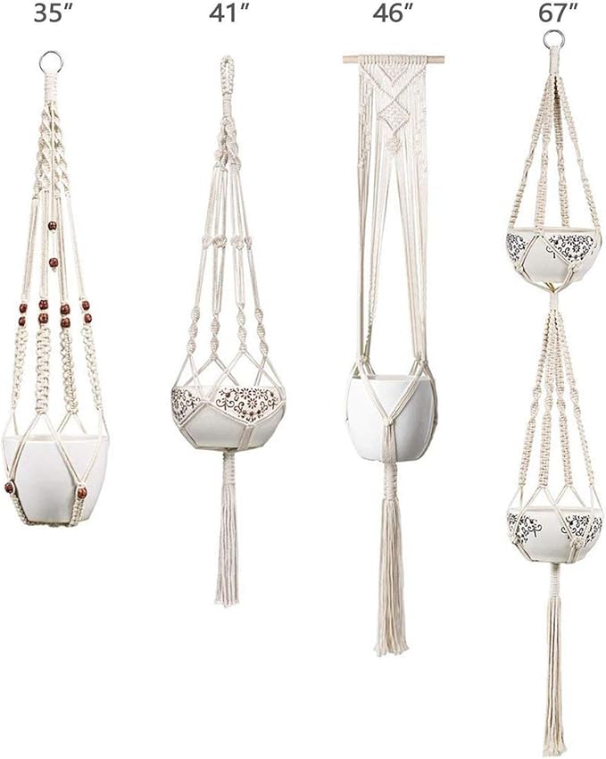 Mkono 6.5 Inch Plastic Planters with Saucers Set of 5 Macrame Plant Hangers Set of 4 Indoor Decorative Flower Pot Holder with 4 Hooks