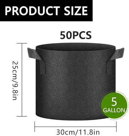 50 Pack Grow Bags, Black Heavy Duty Fabric Pots Nonwoven Potato Grow Bags with Sturdy Handles & Reinforced Stitching, Breathable Vegetable Flower Plant Growing Containers Bags (5 Gallon)