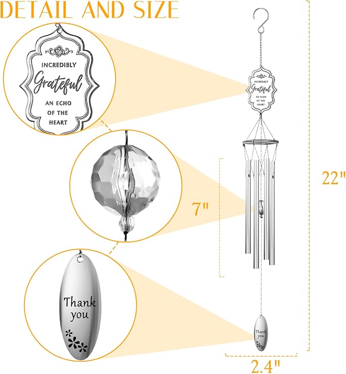 Outdoors Wind Chimes Soothing Melodic Tones Aluminum Chime Great as a Gift for Your Patio Porch Garden and Backyard (22" Silvery)