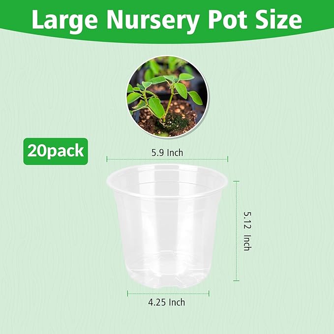 6 Inch Large Clear Nursery Pots with Drainage, 20 Pack Plastic Pots for Plants, Ideal Seedling Pots and Plant Pots for Vegetables, Orchids, Aloe, Indoor Outdoor Use (6 inch-20 Pack)