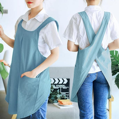 NEWGEM Japanese Linen Cross Back Cooking Aprons for Women Men with Pockets Cute for Baking Kitchen