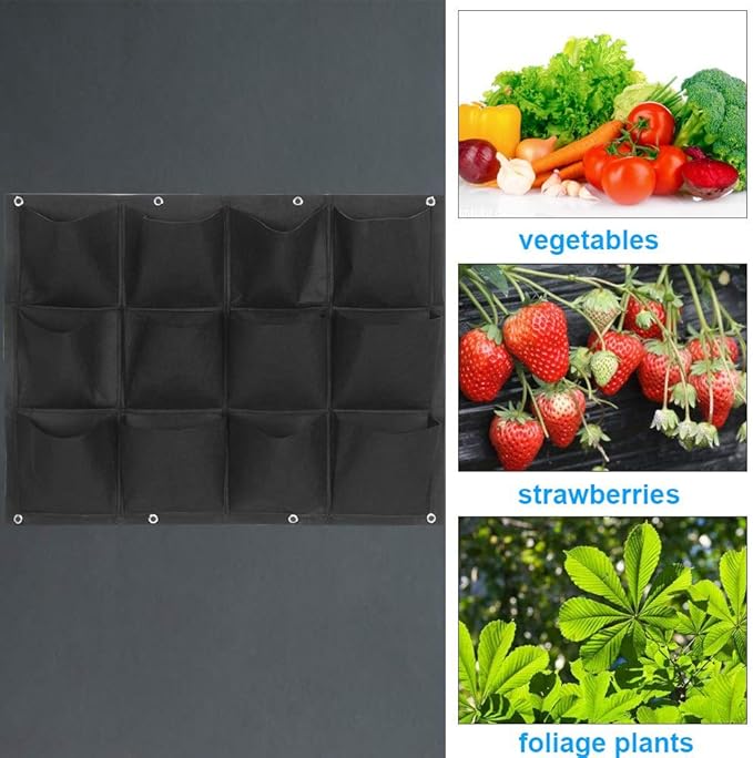Plant Grow Bag for Vertical Gardening with 12 Pockets, Wall-Mounted Hanging Planter for Flowers and Vegetables, Felt Planting Bag for Indoor Outdoor Balcony and Patio Use in