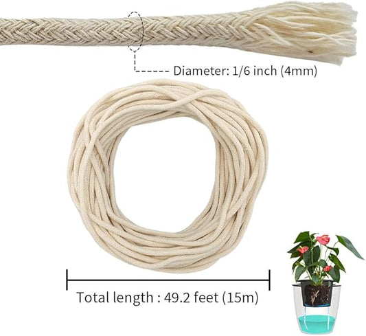 49.2 feet 1/6 Inch Natural White Self Watering Wick Cord Automatic Watering Cotton Rope System Hydroponic Wicking for Vacation Plant Care Capillary Wicks for Self Watering Planters and Pot