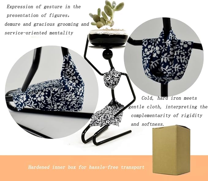 Plant Stand with Pot,Ceramic Flower Pot with Potting Stand,Elegant Succulent Flower Pot,Handmade Iron Potted Plant Stand, Kneeling Girl Indoor Desktop Ornament. (Floral Fabric Collection(red))