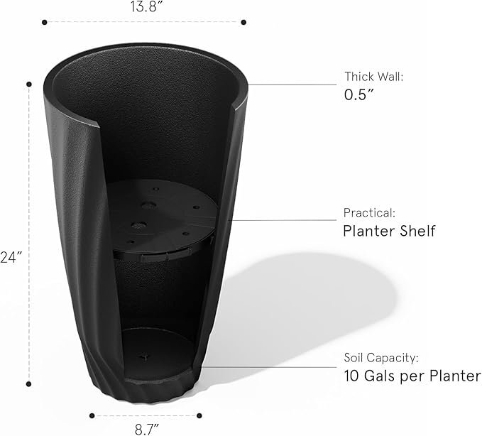 La Jolie Maison 24 Inch Tall Planter, Matte Black Tree Planter with Shelf Insert, Morden Large Round Plant Pot Container for Indoor/Outdoor, Front Door, Patio and Deck, 1 Pack