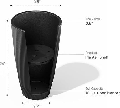 La Jolie Maison 24 Inch Tall Planter, Matte Black Tree Planter with Shelf Insert, Morden Large Round Plant Pot Container for Indoor/Outdoor, Front Door, Patio and Deck, 1 Pack