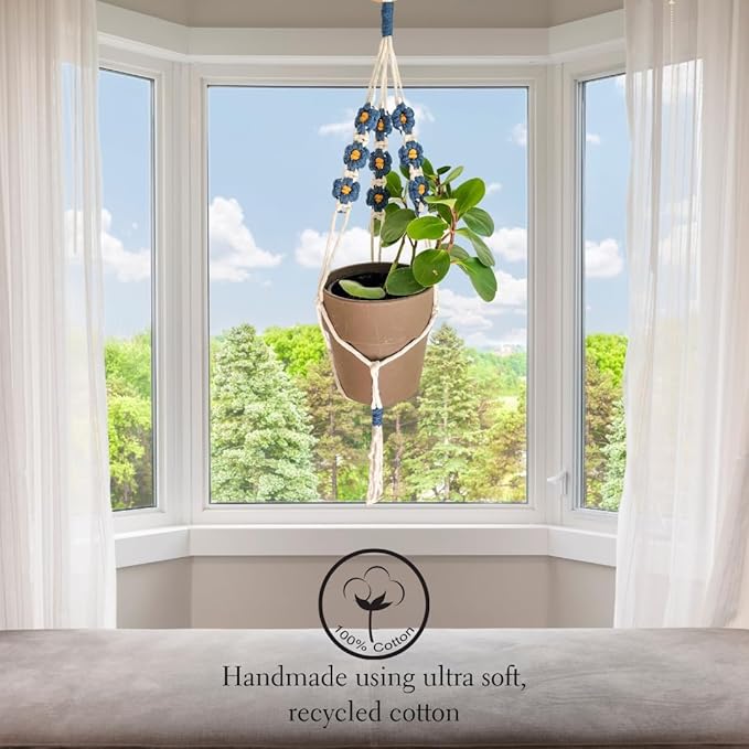 Macrame plant hanger with Daisies | Hanging plant holder | Macrame Plant hangers outdoor and indoor hanging planters Plant stand indoor Boho Decor hanging planter stand/plant shelf (Peacock Blue)