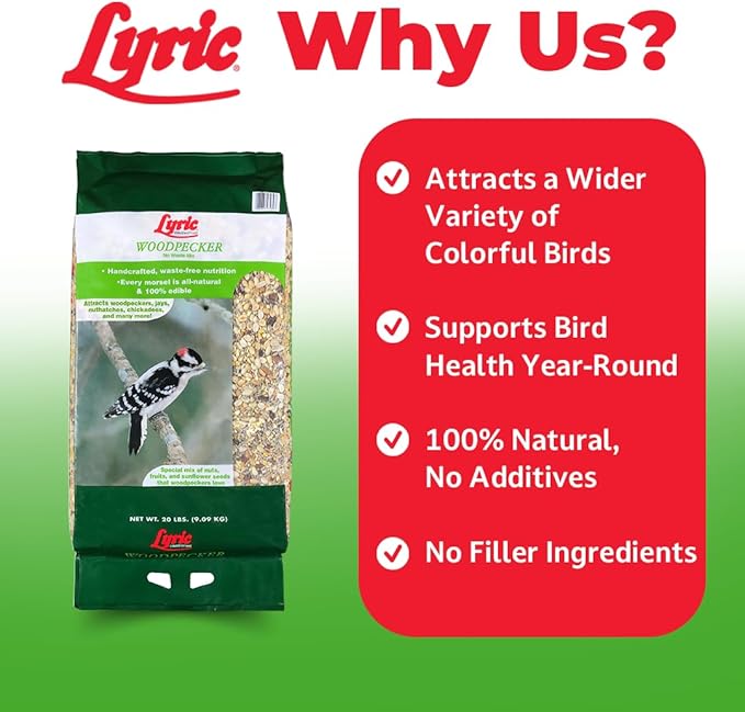 Lyric Woodpecker Wild Bird Seed for Outside Feeders, Shelled, No Waste Bird Seed with Nuts & Dried Fruit, 20 lb Bag