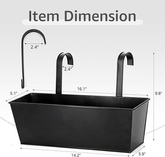 3 Pack Metal Railing Planters, 16 Inch Large Rectangular Hanging Flower Pots with Detachable Hooks & Drainage Holes, Fits Rails up to 2.5", Galvanized Iron Window Box for Balcony Garden - Black