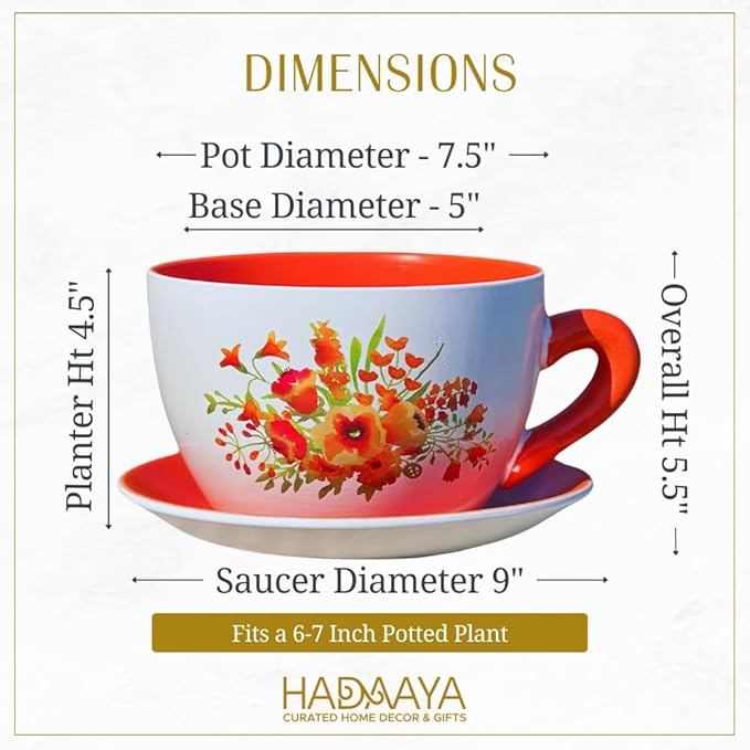 7.5" Round Ceramic Teacup Shape Planter Pot with Saucer for Succulents Orchids Herbs Cactus Indoor Houseplants Flowers for Valentines Day Gift – Orange Poppy Floral