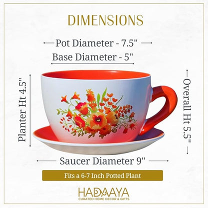 7.5" Round Ceramic Teacup Shape Planter Pot with Saucer for Succulents Orchids Herbs Cactus Indoor Houseplants Flowers for Valentines Day Gift – Orange Poppy Floral