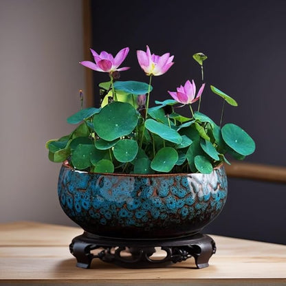 Lotus Bowl Planter, Lotus Bowls for Planting in Water Indoors, Bonsai Bowl Lotus Flower Seeds, Ceramic Planters for Indoor Plants (Blue)