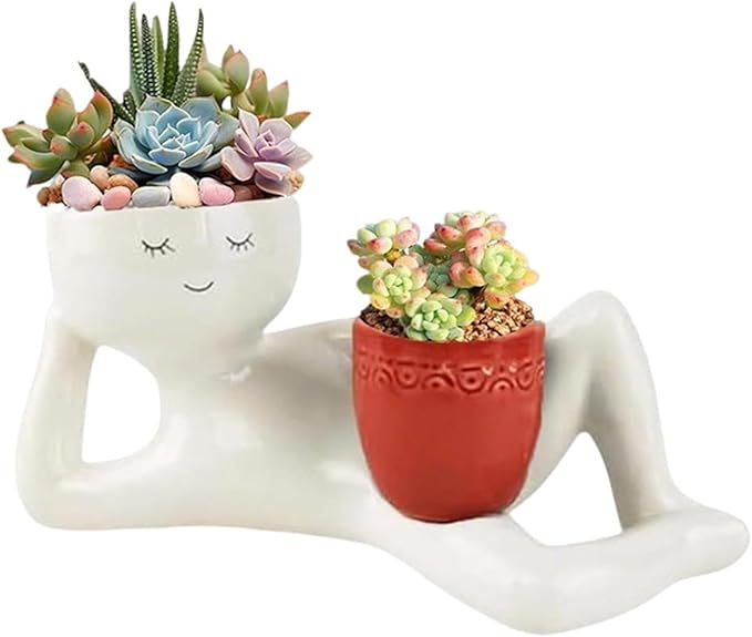 Lazy Guy Planter - Funny Smiling Face Resin Flower Pot with Double Drainage Hole, Cute Lying Down Figure Succulent & Cactus Planter, Unique Home Garden Decor Gift for Family & Friends (Red)