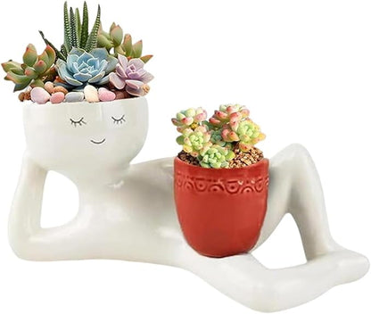 Lazy Guy Planter - Funny Smiling Face Resin Flower Pot with Double Drainage Hole, Cute Lying Down Figure Succulent & Cactus Planter, Unique Home Garden Decor Gift for Family & Friends (Red)