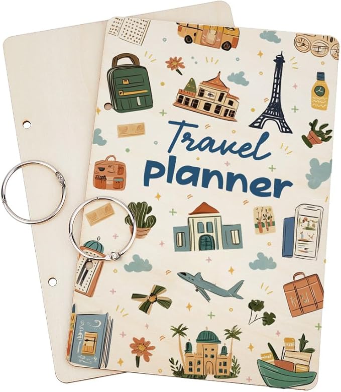 SUPERDANT Travel Planner Greeting Card Organizer Travel Journal Card Keeper Vacation Planner Cards Holder Wooden Keeper Binder Photo Album 2-Rings Cover 2-Rings Cover with Punch and 20 Inner Pockets
