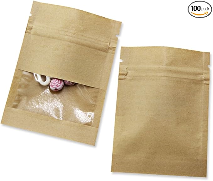 100 Pack Clear Window Resealable Small Packets (2.75x3.54 inch) Seed Coin Envelopes Writable Kraft Paper Sample Food Storage Bags for Seed Flower Vegetable Plants Garden Storage Organizer