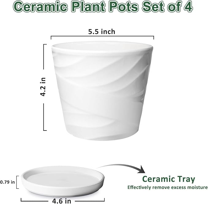 5 Inch Plant Pots,Ceramic Planter with Drainage and Saucer,Ceramic Pots for Plants,Planters for Indoor Plants,Ceramic Flower Pots(5.5 in Diameter,4 Pack)