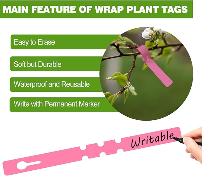 Plant Labels 200Pcs Yuanling Plastic Plant Tree Tags Wrap Around Hanging Tags Nursery Tree Markers Adjustable Garden Labels for Indoor Outdoor Gardening Plants (Pink)