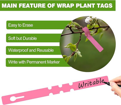 Plant Labels 200Pcs Yuanling Plastic Plant Tree Tags Wrap Around Hanging Tags Nursery Tree Markers Adjustable Garden Labels for Indoor Outdoor Gardening Plants (Pink)