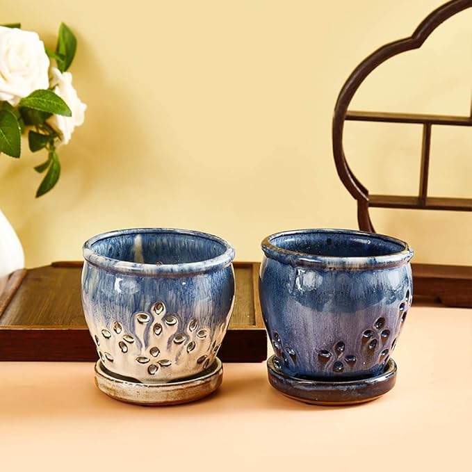 Orchid Pots with Holes Attached Saucers 4.6 Inches - 2 Pcs Small Ceramic Pots for Repotting, Decorative Ceramic Orchid Planter with Hole for Healthy Root Growth Blue Purple