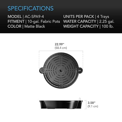 AC Infinity 10-Gallon Fabric Pots & Self-Watering Base XL Bundle – 5 Heavy-Duty Grow Bags with 4 Extra Large Auto-Irrigation Water Delivery Saucers for Indoor Tents, Greenhouses, and Gardens
