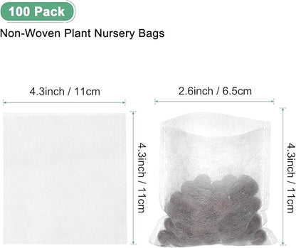 100-Pack Nursery Growing Bags, 4.3" x 4.3" Non-Woven Plant Nursery Bags, Fabric Seeding Pots Pouch for Seed Starting/Soil Transplant/Home Garden Supply [White]