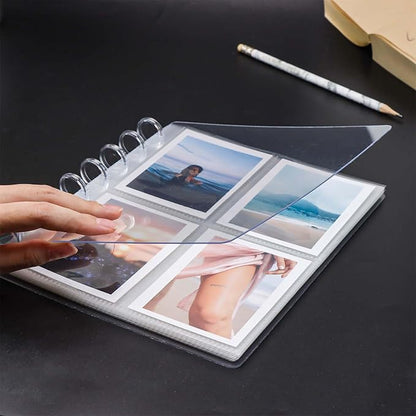 Discbound Photo Album with Clear PET Cover 20 Sheets Clear PP Sleeves 8 Discs Bound Organizer Left Side Open Pockets for Cash Money Stickers Photos Cards (8 Rings 4 Pockets)