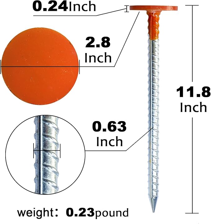 Rebar Survey Marker Stakes, 12 Inch Long - 1.35 LB Heavy Duty, Hi-Vis Orange (4 Pack)