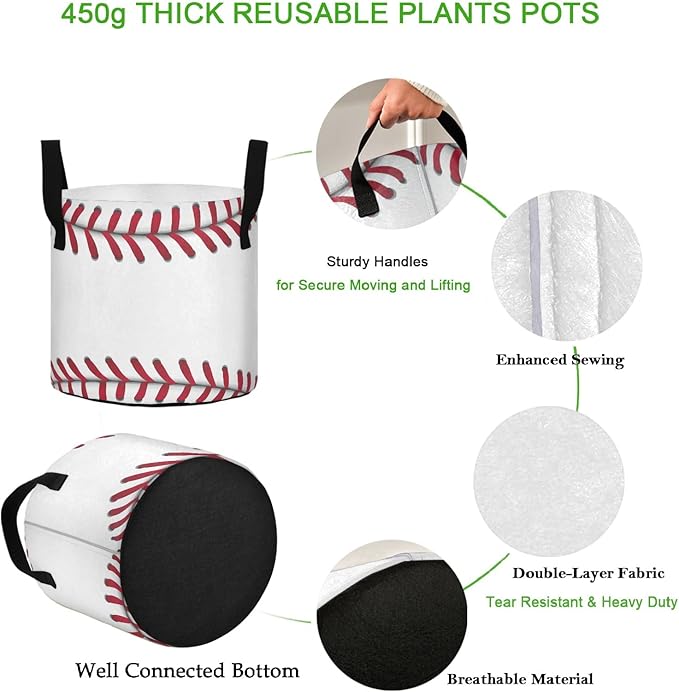 7 Gallon Baseball Stripe Breathable Grow Bags Heavy Duty Planter Pot Containers with Handles for Potato Tomato Fruits Flowers Vegetables