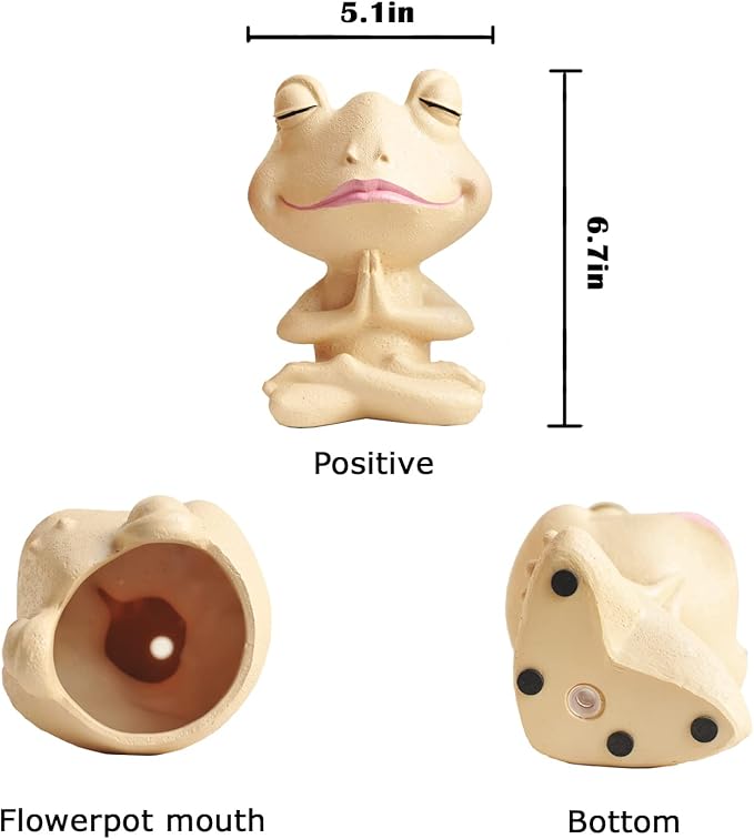 Face Planters Pots Head Yoga Frog Resin Plant Pot with Drainage Hole(Khaki-B)