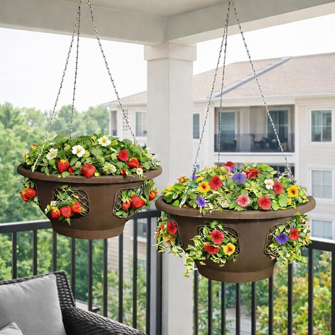 Ultimate Hanging Baskets - Strawberry, Tomato, Flower, and Herb Outdoor Planters - Use Garden Pots For Growing Plants Outside On A Deck, Fence, or Balcony (2, Mocha)