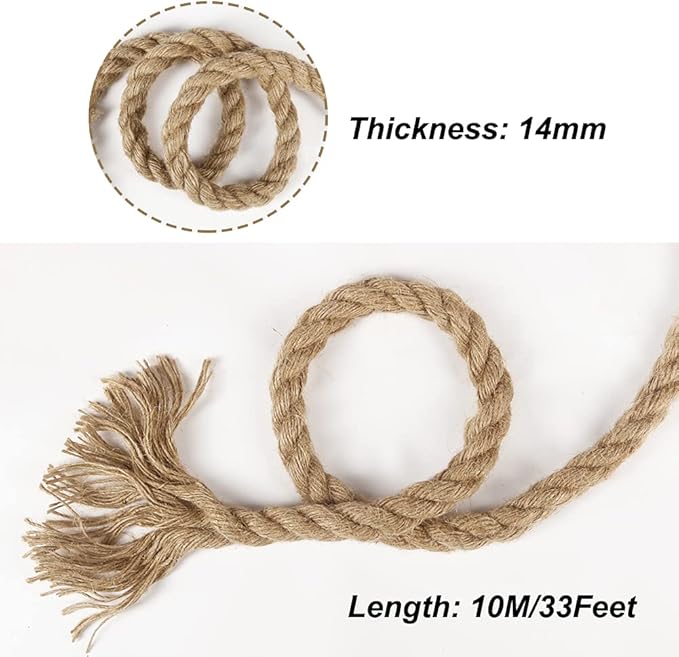 Tenn Well 1/2 inch Jute Rope, 33 Feet 14mm Thick Twine Rope for Crafting, Gardening, Home Decor, Farmhouse Decor, Cat Scratching Post