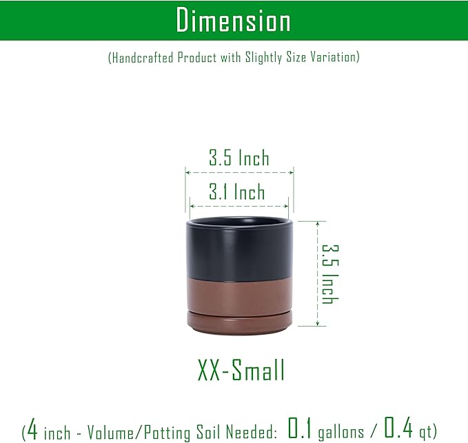 D'vine Dev 3.5 Inch Ceramic Planter Pot with Drainage Hole and Saucer, Indoor Cylinder Round Planter Pot, Black/Speckled Tan, 94-O-A-7
