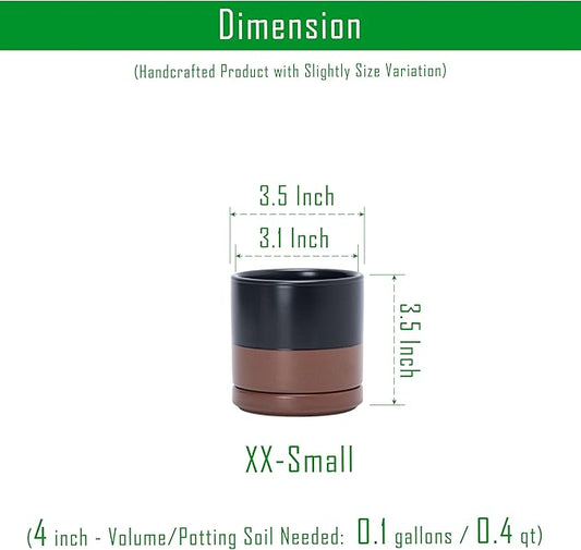 D'vine Dev 3.5 Inch Ceramic Planter Pot with Drainage Hole and Saucer, Indoor Cylinder Round Planter Pot, Black/Speckled Tan, 94-O-A-7