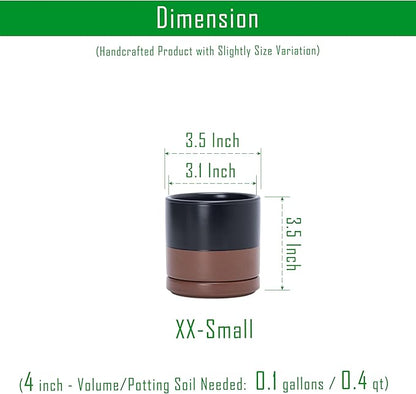 D'vine Dev Set of 4 Small Ceramic Plant Pots, 3.5 Inch Succulent Planter Pot for Plants with Drainage Hole and Saucer, Black/Speckled Tan, 94-X-A-7