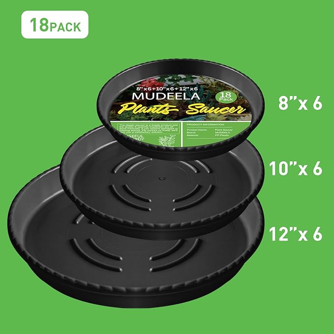MUDEELA 18 Pack Plant Saucers for Indoor & Outdoor of 8 Inch & 10 Inch & 12 Inch, Durable Plastic Round Plant Tray Dish Plate to Catch Water for Plant & Flower Pot, No Hole, Thicker, Deeper, Black
