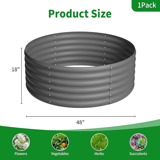 DDK Galvanized Raised Garden Bed, Round Outdoor Planter Bed, 4x4x1.5ft Metal Planter Box for Gardening and Planting,DG