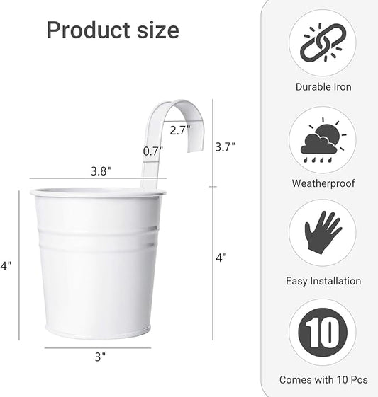 Dahey 10 Pcs Hanging Flower Pots Metal Iron Bucket Planter for Railing Fence Balcony Garden Home Decoration Flower Holders with Detachable Hooks, White, 4 Inches