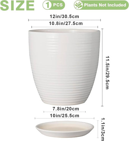 12 Inch Ceramic Planter Pot, Large Planter with Drainage Hole and Saucer Round Flower Pot for Indoor Outdoor Plants, White