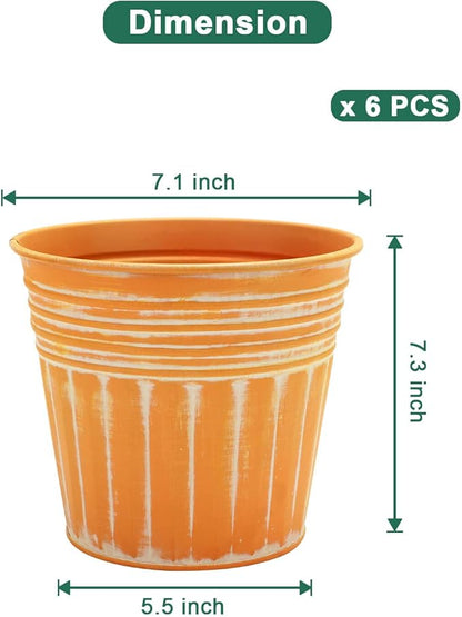 vensovo 7 Inch Orange Metal Rustic Flower Pots - 6Pcs Medium Galvanized Planters with Drainage Hole and Rubber Plug, Rustproof Metal Bucket Plant Pots Farmhouse Vintage Style for Decor