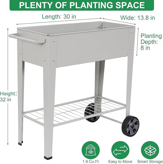Elevated 32" Tall Raised Garden Bed with Legs and Wheels for Mobility, Metal Planter Boxes Outdoor with Shelf, Raised Bed for Gardening Vegetables/Herbs, Backyard, Patio, Balcony, Grey