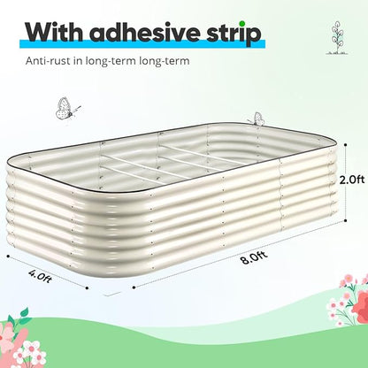 Quictent Galvanized Tall Raised Garden Bed Kit, 8x4x2 ft Oval Large Planting Box, for Vegetables Outdoor Strengthened by Crossbar (Beige)
